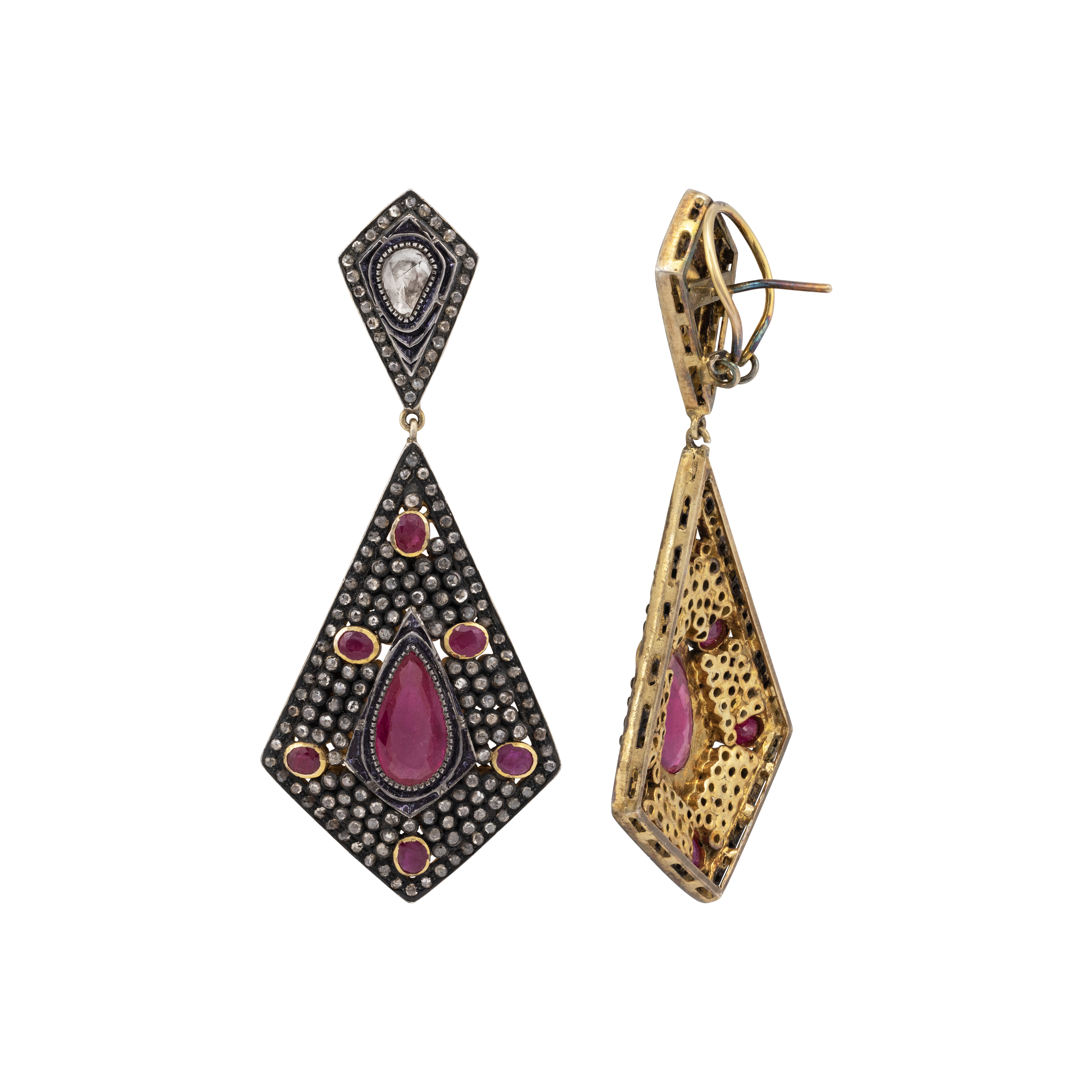 Kite-Shaped Antique Earrings with Ruby and Rose-Cut Diamonds